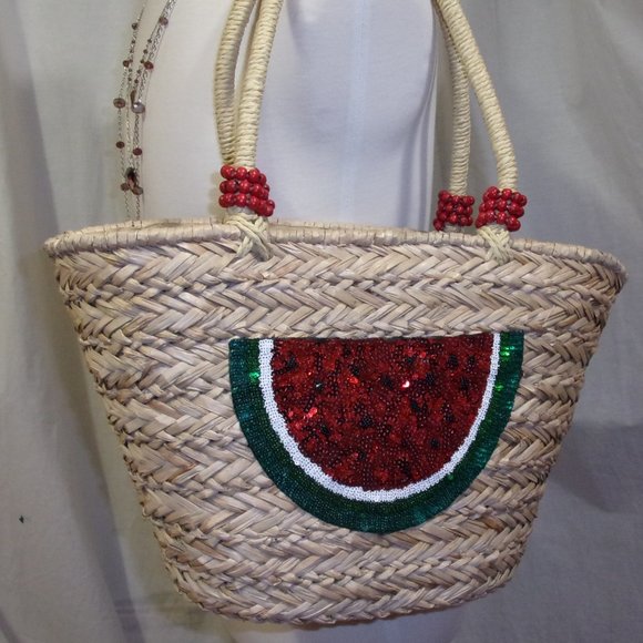 Handbags - Straw Handbag Watermelon Sequin Accent NWOT